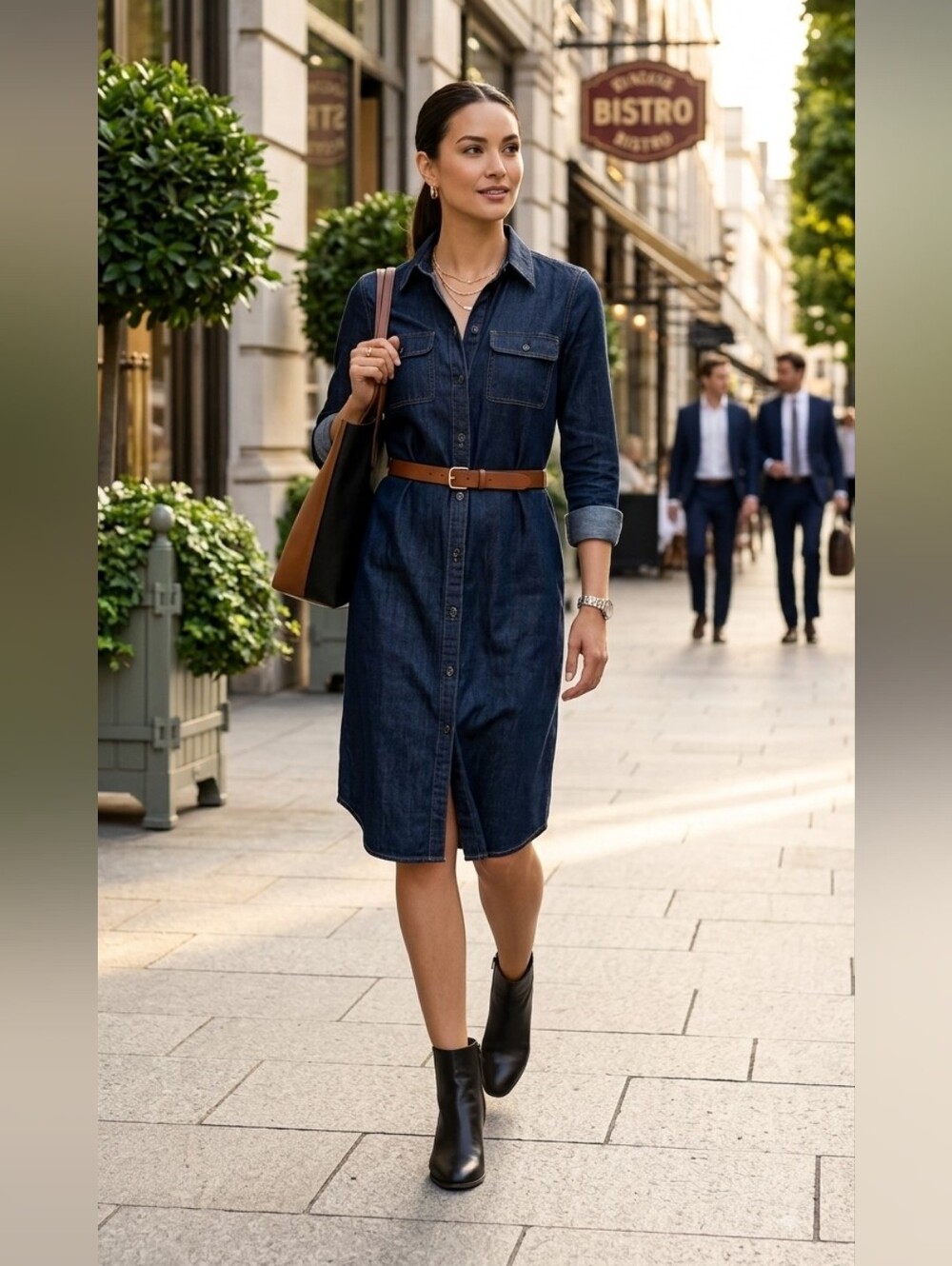 Classic Dark Blue Denim Shirt Dress with Belt
